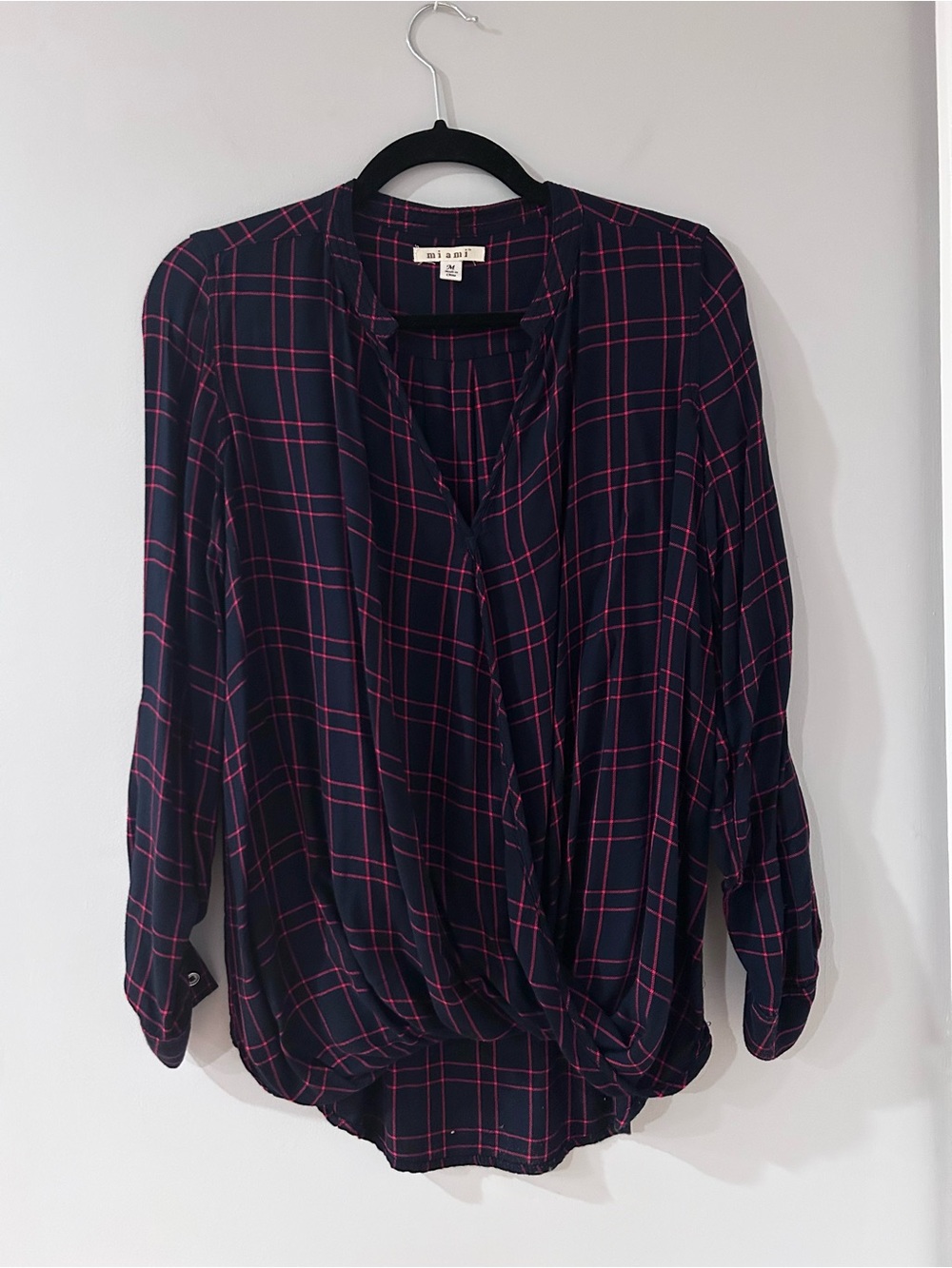 miami Navy and Red Plaid Wrap-Style Blouse